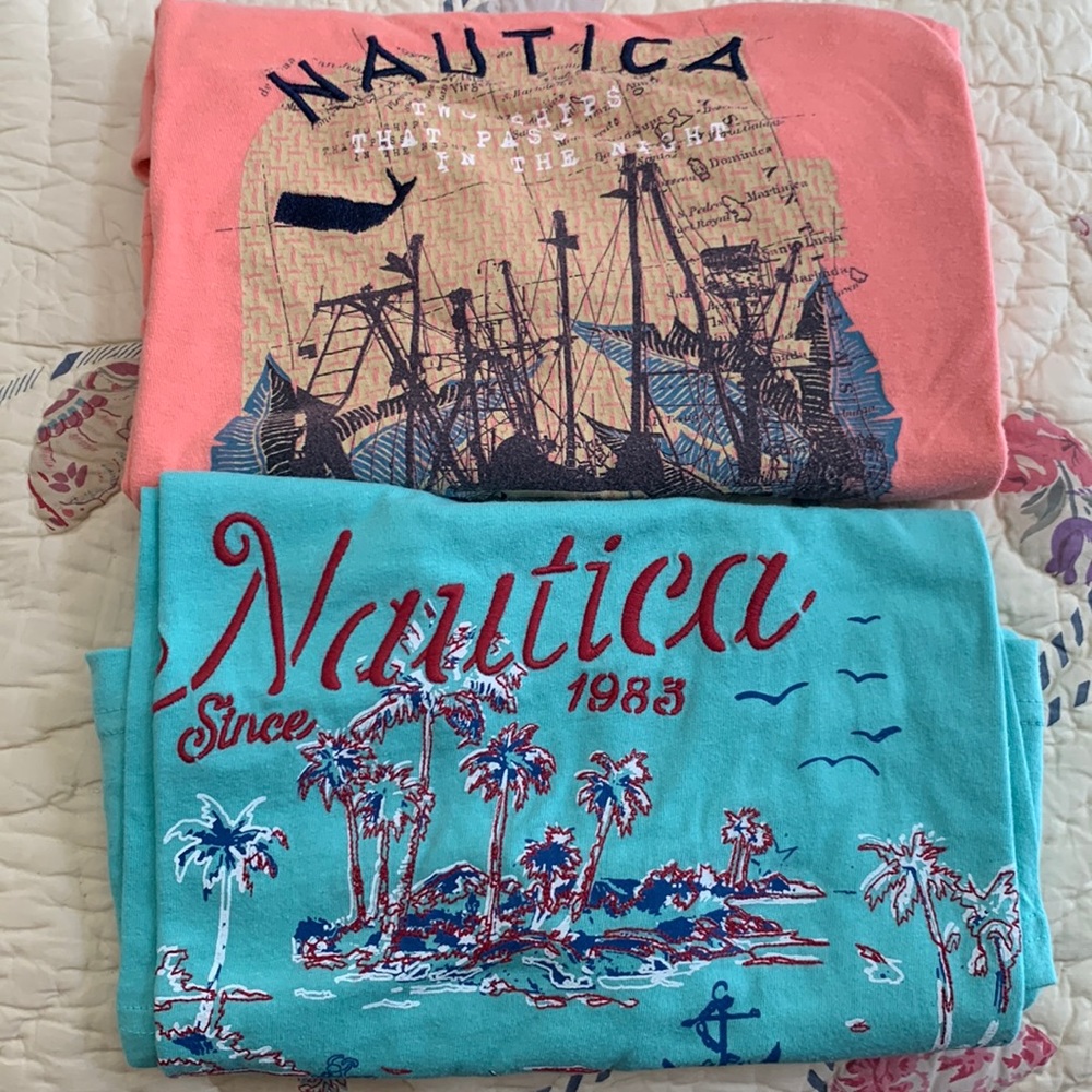 Nautica aqua & coral logo tee shirts.
